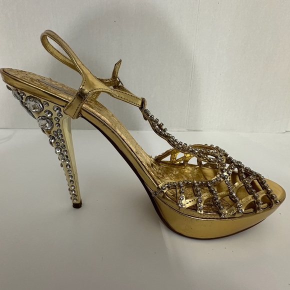 Celeste Gold Rhinestone Stiletto Heels Jewel Back Detail Y2K Size 10 - Picture 12 of 15